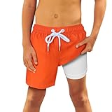 QRANSS Comfortable 4 Way Stretch Boys Swim Trunks Smooth Fabric Swimming Trunks for Boys Fashion Red Husky Size 18-20