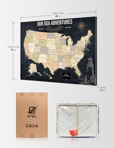 Image of IPIC - Vintage United States Map Canvas Print Wall Art, Large Push Pin Travel Map to Track Travels, Pinnable Board Decor for Home, Office, Study or RV, Ready to Hang
