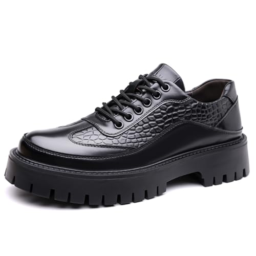 Men's Crocodile Embossed Genuine Leather Lace Up Chunky Platform Dress Derby Oxford Round Toe Lug Non Slip Sole for Business Casual Formal Office Driving Loafers (Black,9.5)