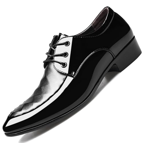 Men's Shiny Patent Leather Dress Shoes Formal Business Casual Oxford Trendy Plaid Upper Tuxedo Shoes for Men