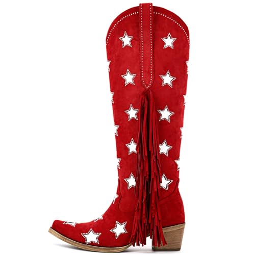 Yolkomo Women's Knee High Cowboy Boots with Fringe Western Cowgirl Boots with Rhinestones Stars2