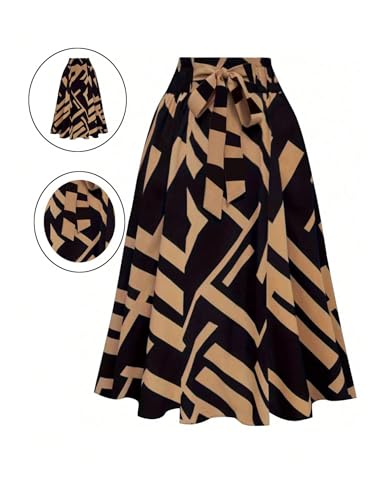 GORGLITTER Women's Bow Midi Skirt Y2K Color Block Tie Belted High Waist A Line Flowy Skirts Casual Dressy4