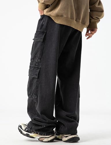 Men's Loose Cargo Pants Mulit Pockets Straight Leg Denim Jeans Casual Trousers3