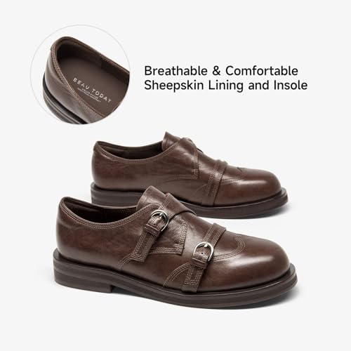Image of BEAU TODAY Women's Leather Loafers, Wingtip Brogue Monk Strap Shoes