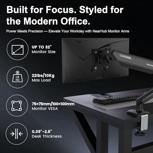Image of NearHub Single Monitor Mount Arm for 13-32 inch Up 22 lbs Screens | VESA 75x75 /100x100 | Clamp /Grommet Base | Cable Management | Space Saving Desk Setup,180 Swivel, Tilt +90 to -45, 360Rotation
