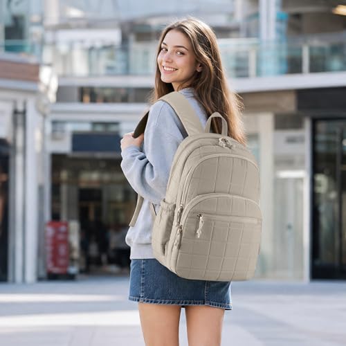 Image of kadilong College Laptop Backpack,Travel Backpack for Women,Quilted Bookbag for 15.6 Inch Laptop Casual Daypack,Camel