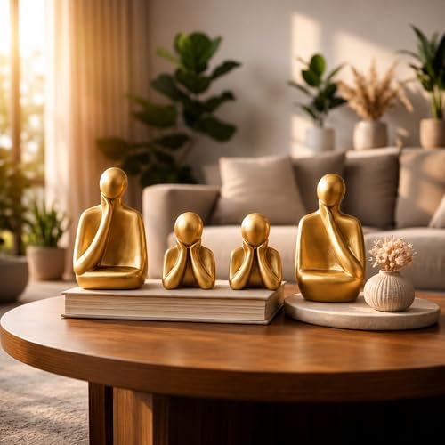 Image of Floryn Decor Ceramic Family Statue Set of 4 - Home Decor Items for Living Room, Bedroom, Office & Table Artifact (Gold)
