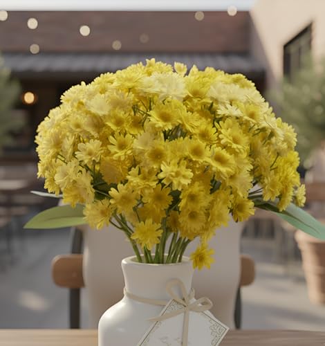 Image of Artificial Baby Breath Yellow Flower Bouquet - 12 Stems, 28cm Height Faux Daisy Bunch with Green Leaves for Home, Office, Wedding & Party Decoration