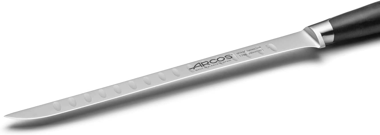 Arcos Carving Knife 10 Inch Stainless Steel. Cleaver Knife Double Sharpening. Ergonomic Polyoxymethylene Handle and 250mm Blade. Series Kyoto. Color Black