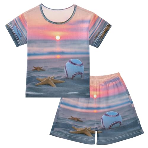 ALAZA Baseball Starfish Sunset Ocean Pajamas Set Short Sleeve Cotton Sleepwear Summer Pjs 2 Piece 5-14Y