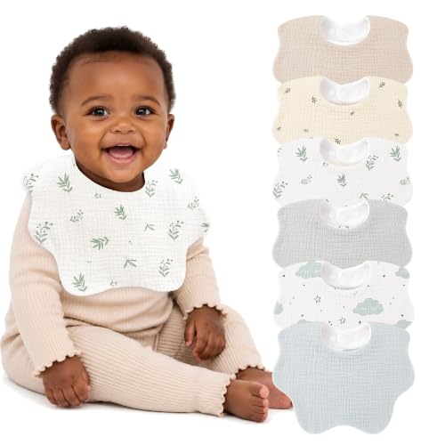 Image of Bearmoss Muslin Baby Bibs for Drooling & Teething Cotton Drool Bib 6 Pack | Soft Absorbent Adjustable Bibs for Unisex Boys and Girls,Easy to Clean for Infant,Toddler, Newborn,Wider design,0-36 Months
