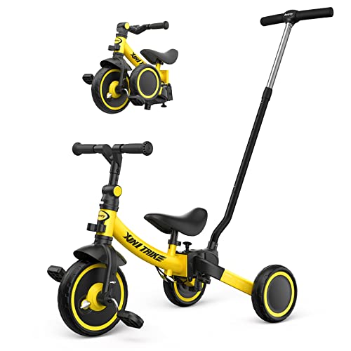 besrey 5 in 1 Kleinkind-Dreirad mit Lenkschiebegriff für 1-5 Jahre, faltbares Laufräder, Kleinkind-Fahrrad mit Radkupplung, größere Räder, abnehmbare Pedale, höhenverstellbarer Sitz, Gelb