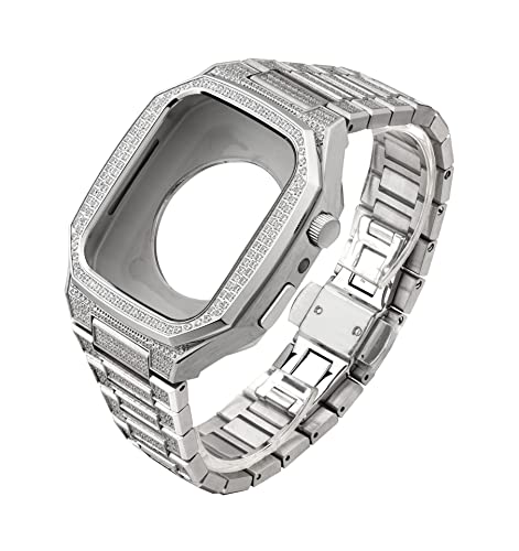 MODBAND Luxury Stainless Steel Protective Watch Case Strap Band Bracelet Combo，For Apple Watch Series 9 8 7 6 5 4 SE 44mm 45mm Band Upgrade Replace Strap Accessories(Silver,44mm)