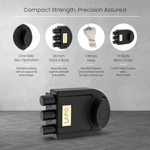 Image of LAPO Black TriBolt Deadbolt Lock, Modern Main Door Security Lock for Wooden Door, Fixed Cylinder with 4 Brass Keys, Suitable for Inside&Outside Opening, Heavy Duty Design for Long-Lasting Protection