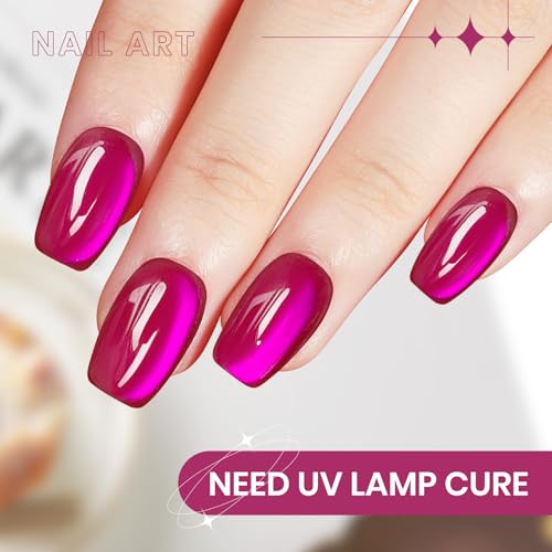 Hot Pink Cat Eye Gel Polish, 15ML Glass Moonlight Cateye Gel Nail Polish with Magnetic Stick Jelly Shimmer Glitter Effect Soak Off Salon DIY at Home
