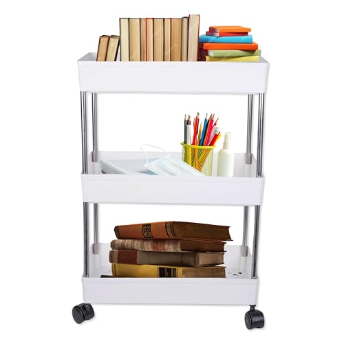 Image of AEXONIZ TOYS Plastic Kitchen Storage Trolley Rack with Wheels, Slide Out Rolling Utility Cart Storage Shelves, Space Saving Home Storage Organizer Racks (White, 3 Layer)
