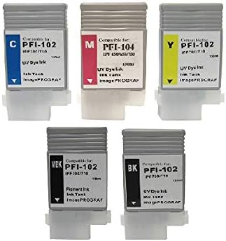 Vivid Colors Replacement Ink Cartridge PFI-102 PFI-104 Ink Tank for Canon iPF650 iPF655 iPF750 iPF750MFP iPF760 iPF765 Complete Set of 5, Matte Black/Black/Cyan/Magenta/Yellow Ink Tank