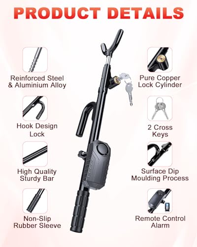 ELECTOP Steering Wheel Lock with 113db Alarm Heavy Duty Car Lock for Enhanced Vehicle Protection Anti Theft Car Device with Adjustable Length Locking & 2 Keys Universal Fit for Trucks Vans and Suvs