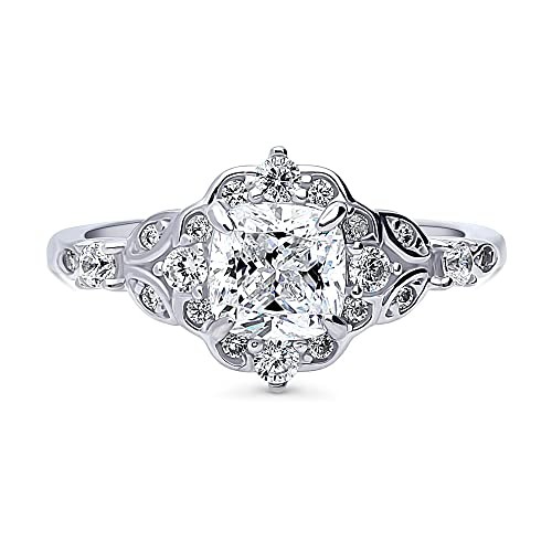 BERRICLE Sterling Silver Halo Wedding Engagement Rings Cushion Cut Cubic Zirconia CZ Vintage Inspired Art Deco Ring for Women, Rhodium Plated Size 4-102