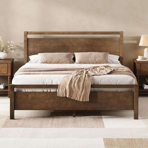 Image of AMERLIFE Queen Size Solid Wood Bed Frame with Headboard, Minimalist Platform Bed with Wooden Slats Support /No Box Spring Needed /Easy Assembly /Noise-Free, Dark Brown