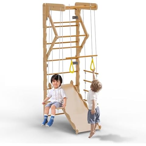 Dithoko Wooden Swedish Ladder Wall Gym, 7 in 1 Indoor Jungle Gym with w/Pull-Up Bar, Gym Rings, Swing, Rope Ladder, Horizontal Bar, Wall Ladder and Slide, Foldable Toddler Climbing Toys for Kids Cover