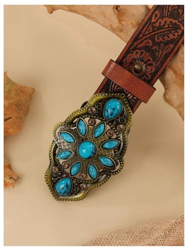 Women's Turquoise Belt Western Cowgirl Belt Vintage Floral Embossed Buckle Leather Waist Belts2