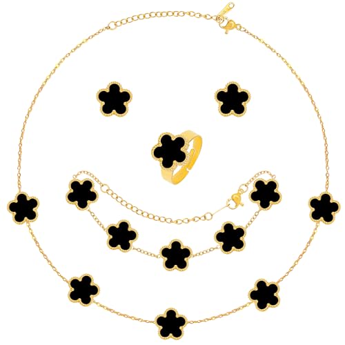 SUBANG 5 Pieces Lucky Clover Jewelry Set for Women Gold Jewelry Set 18K Gold Plated Flower Design Five Leaf Necklace Bracelet Ring Earrings for Women