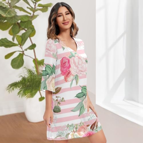 Robe occidentale rose et blanche imprimé rayures design évasé ligne A unique
