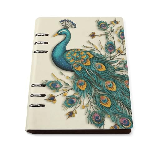 Cuaderno A5 de hojas sueltas con 6 anillas y cubierta de piel sintética de pavo real