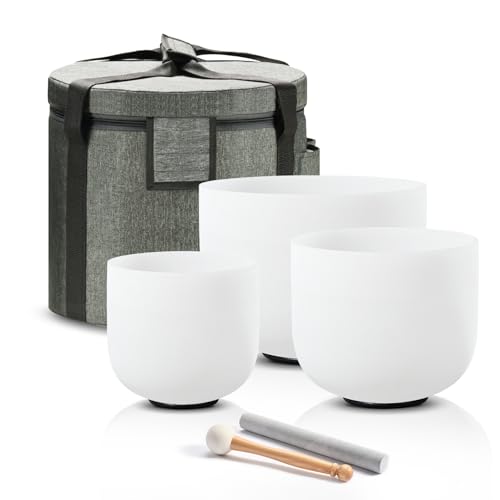CVNC 432HZ 6'A Third-eye, 7'C Root, 8'F Heart Frosted Quartz Crystal Singing Bowl Chakra Set of 3 with Carry Case Bag for Sound Healing and Meditation