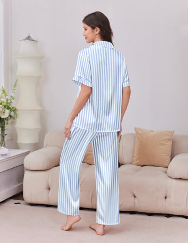 Image of Ekouaer Silk Satin Pajamas for Women Set 2 Piece Short Sleeve Button Up Pjs