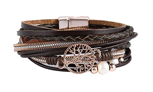 Preisvergleich Produktbild Lebensbaum Armband Damen Wickelarmband mit Perlen - Armkette mit Magnetverschluss Rosegold (Braun, 185)
