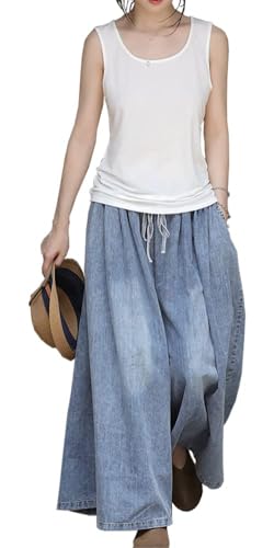 Extra Wide Leg Denim Pants for Women Long Jeans Elastic Waist with Pockets Plus Size Loose Casual