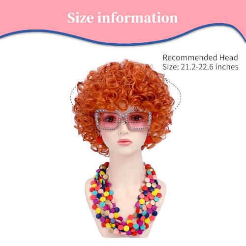 Image of Women Roper Curly Orange Red Cosplay Wig with Necklace Earrings and Sunglasses for Women Hallween Costume Wig