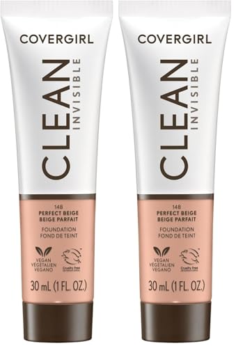 Image of COVERGIRL Clean Invisible Foundation Makeup, Dewy & Glowy Natural Finish, Buildable Coverage, Skin-Like Smooth Look, Vegan, Perfect Beige, 1oz (Pack of 2)
