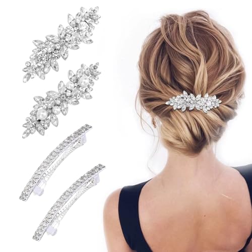 4 PCS Crystal Pearl Bridal Hair Clips - Silver, Fancy Hair Jewelr...