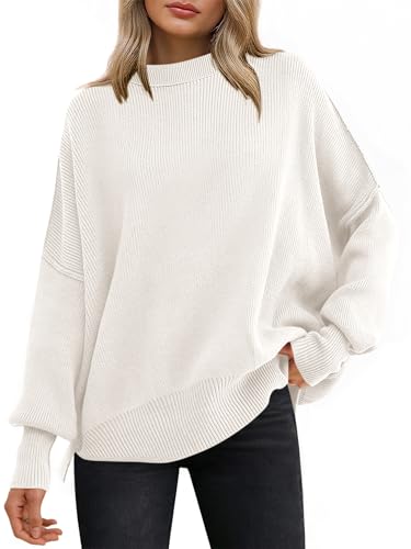 ANRABESS Women Oversized Sweaters Batwing Long Sleeve 2025 Fall Outfits Crewneck Casual Knit Side Slit Fashion Pullover Top White Small