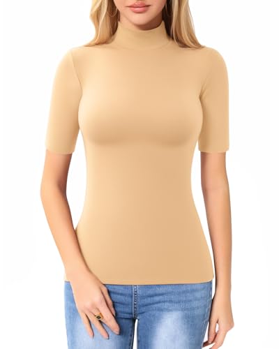 Image of MANGOPOP Women's Mock Turtle Neck Slim Fit 3 /4 Sleeve T-Shirt