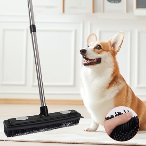Thamtu Carpet Rake Reusable Pet Hair Remover Rubber Broom with Squeegee for Pet Hair Removal Tool 59" Long Handle Cat and Dog Hair Remover for Area Rugs, Carpet, Hardwood Floor, Tile