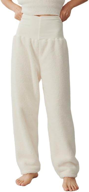 Women's Winter Coral Fleece High Waisted Warm Pj Pants Lounge Straight Leg Sleepwear
