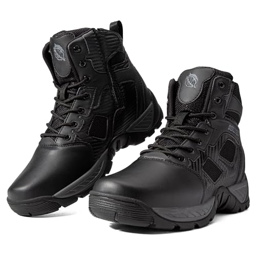 Image of derlychug Men's Tactical Military 6 Inches Combat Side Zip Lightweight Black Leather Army Duty Work Boot（Black,46