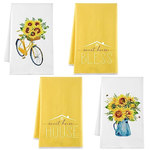 Bencailor 4 Pcs Summer Hand Towel Sunflower Kitchen Towels Kitchen Sets Yellow Seasonal Summer Decoration Tea Dish Cloth for Bathroom Decor Housewarming Gifts,16 x 24 Inch