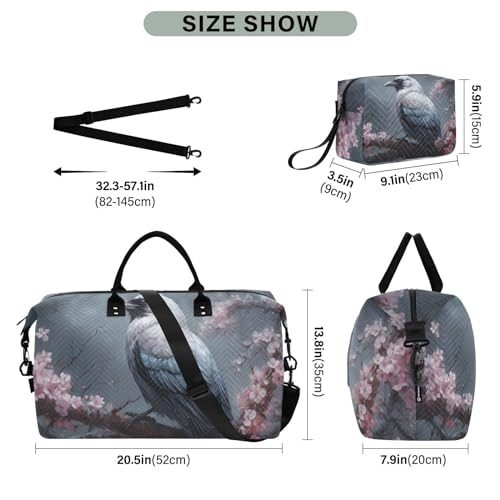 Large Travel Duffel Bag, Light Blue Crow Floral Sports Tote Gym Bag, Shoulder Weekender Overnight Bag for Women Men, Carry On Luggage with Toiletry Bags3