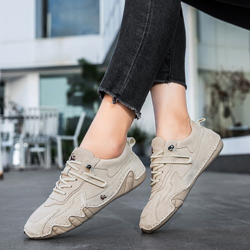 Women's Waterproof Suede Casual Walking Shoes for Hiking Camping & Driving All Season Fashion Retro Elastic Lace Up Hand Stitched Outdoor Sports Sneakers 6