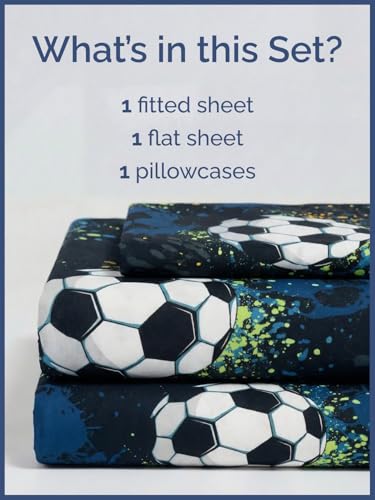 Image of Kids Twin Midnight Soccer Bed Sheets - 3 Piece Midnight Soccer Sheet Set | Midnight Soccer Themed Bedding, Ultra-Soft, Cute & Cozy, Breathable & Machine Washable, Bed Set for Boys, Girls & Teens, Cozy