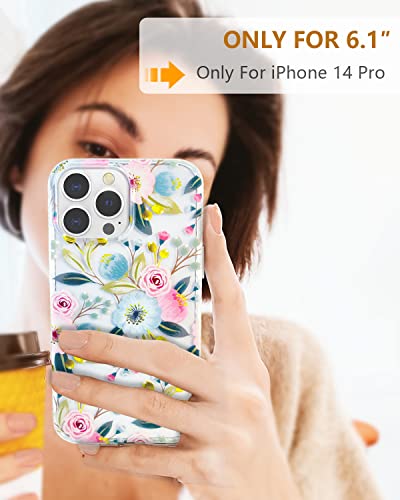 Scorpify Iphone 14 Pro Case For Hibiscus Floral Design, Cute Flower Shockproof Phone Cover For Women Girls, With Tempered Glass Screen Protector+Camera Lens Protector, Stylish Gold Spring Blossom Gift #TOP5