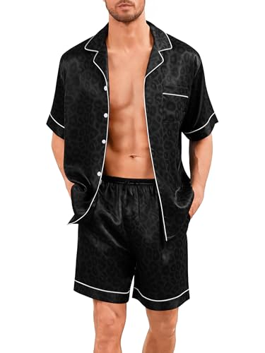 Image of SWOMOG Men Silk Pajama Set Short Sleeve Satin PJs Sets 2 Piece Button Down Sleepwear Soft Summer Loungewear with Pockets