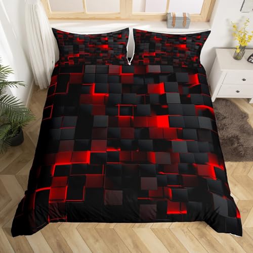 Red And Black Boys Bedding Set Double Size Neon Geometric Checkered Kids Comforter Cover Teen Men Abstract Square Grid Duvet Cover Glowing Plaid Check Bed Set Modern Room Decor
