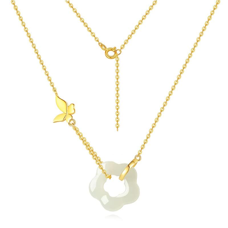 14K Gold Jade Flower Necklace, Beautiful Butterfly Necklace, For Wife,Girlfriend's Valentine's Day,Birthday Gift