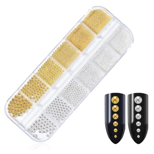 EYVRPAU 1 pièce Perles à dos plat pour nail art,Lot de 2 boîtes en acier doré et argenté,Pour ongles en gel,caviar,vêtements,bricolage,3D petite perle design